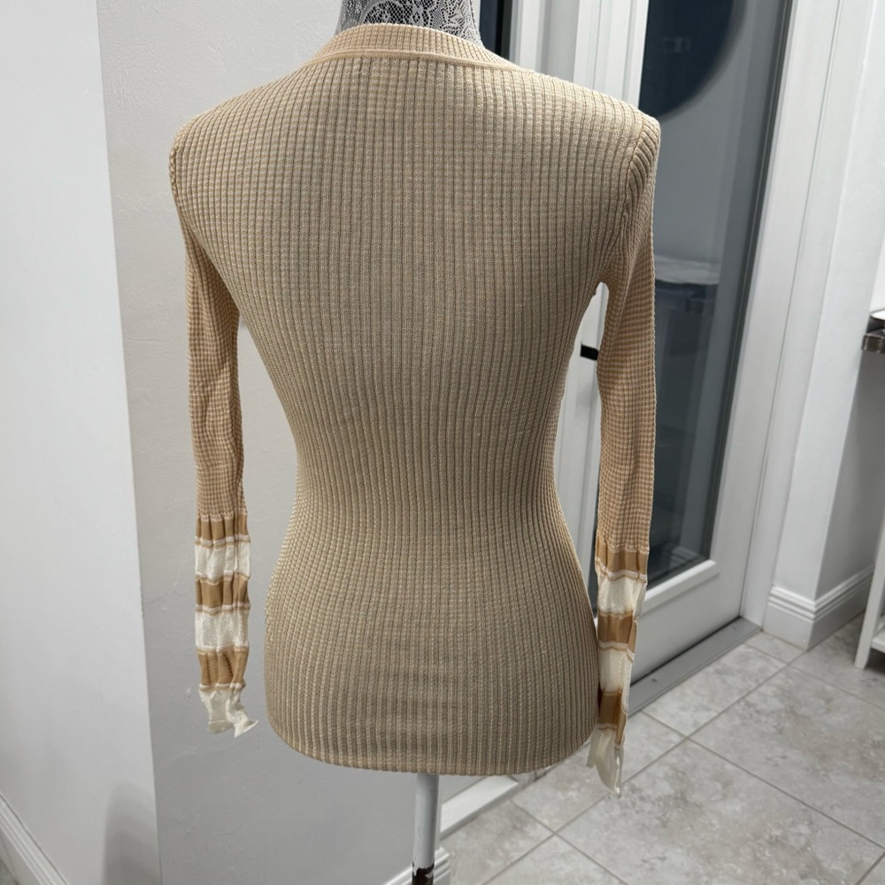 Cache Beige Ribbed Knit Top with Ribbon Detail - Picture 3 of 9
